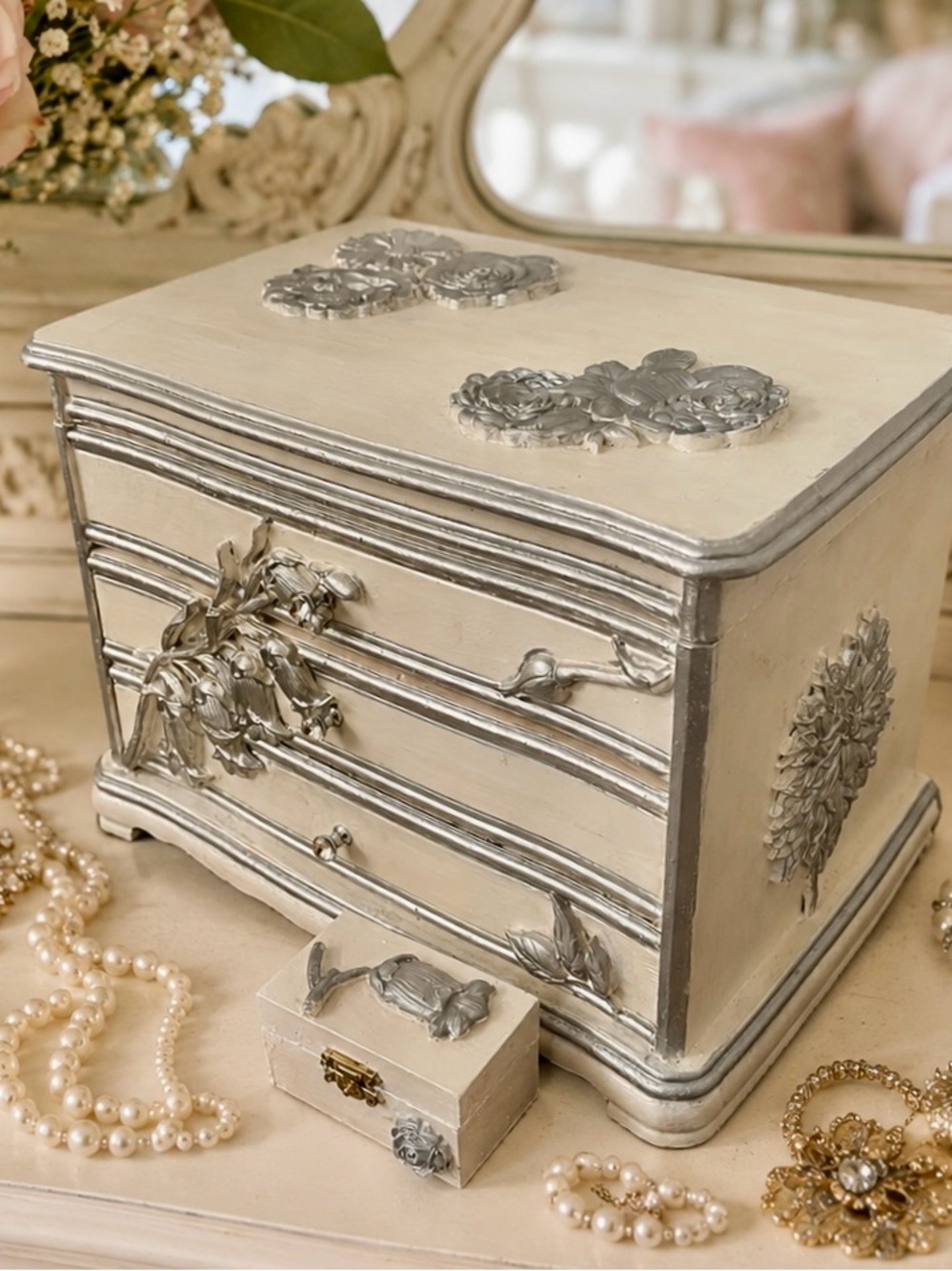 Upcycled Solid Wood Jewelry Chest with Matching Trinket Box